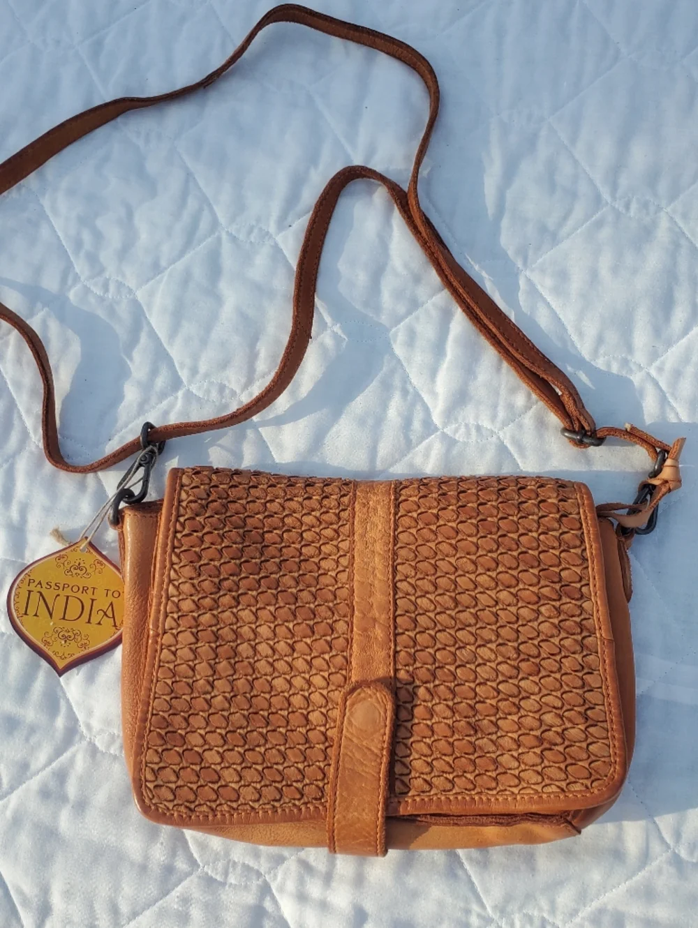 Tan Woven Leather Crossbody Bag - Passport To India - Picture 2 of 9
